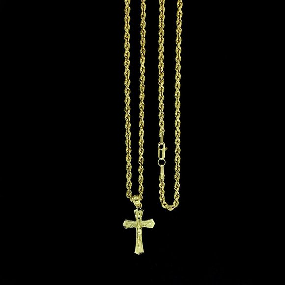 10K Real Gold Rope Chain and Cross Pendant Set - Picture 1 of 8